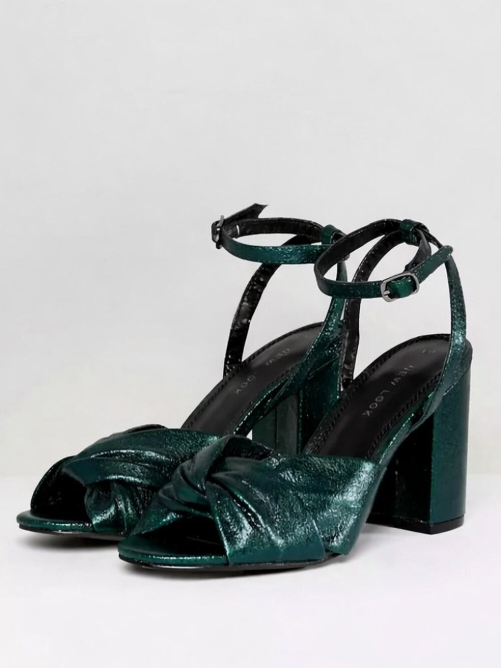 New Look Emerald Green Metallic Block Heel Sandals Twisted Knot Size US 9 EU 40